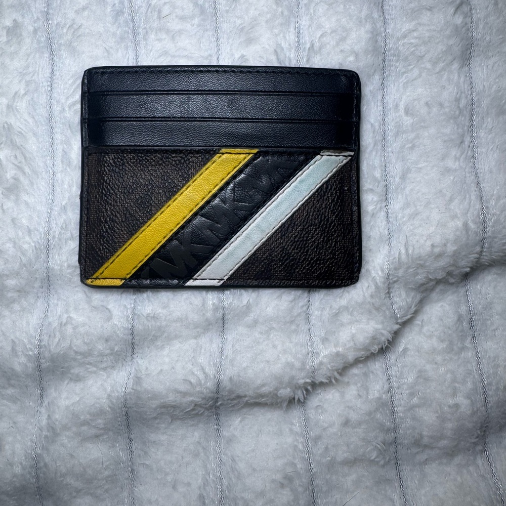 Michael Kors Black and Brown Card Holder with Yellow and White Stripe